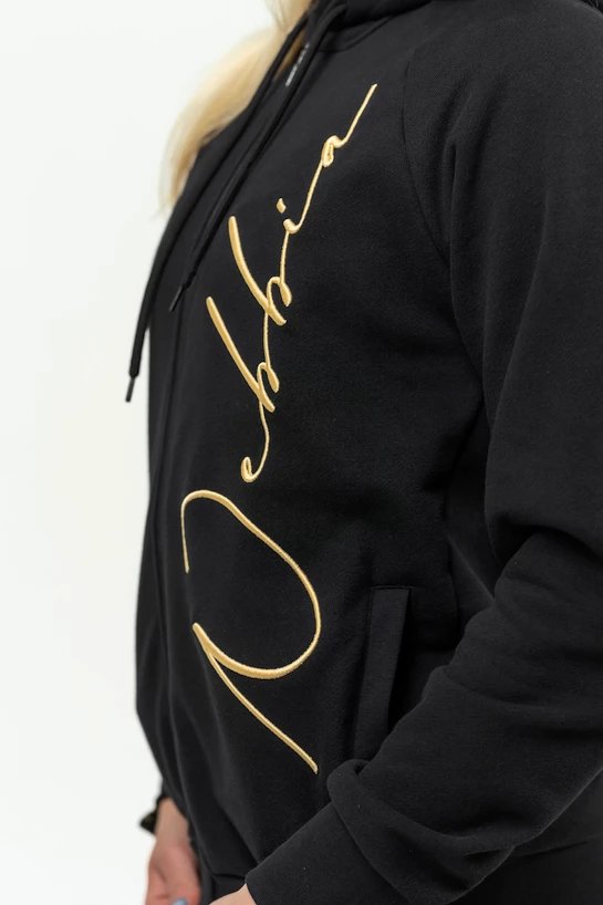 Black and gold zip up hoodie on sale